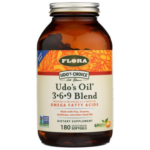 Flora - Udo's Choice Omega 369 Oil Blend, Made with Organic Flax, Sesame & Sunflower Seed Oils, Plant-Based Vegan Omega Fatty Acids, Based on Ideal 2:1:1 Ratio, 180 Vegetarian Capsules