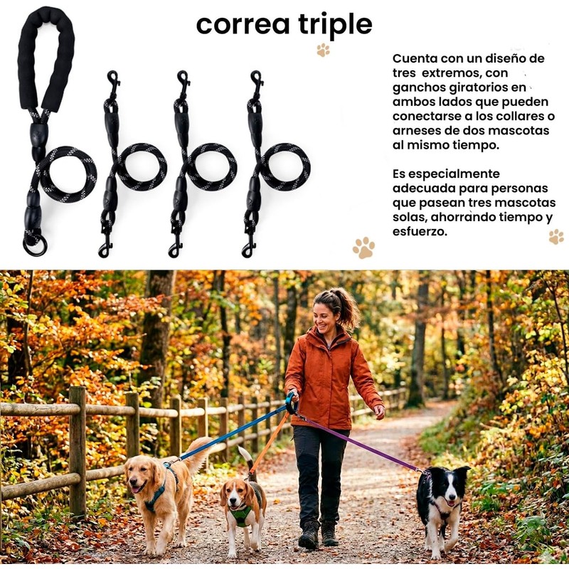 Correa de Paseo Triple y Extensible para Perros – Sistema