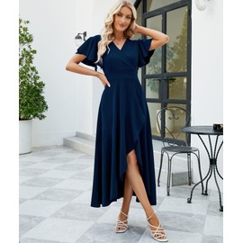 ZZV Formal Dresses for Women Gowns Evening Party Cocktail Dress, Long Split Elegant V Neck Wrap Ruffle Wedding Guest Dresses Navyblue-XL