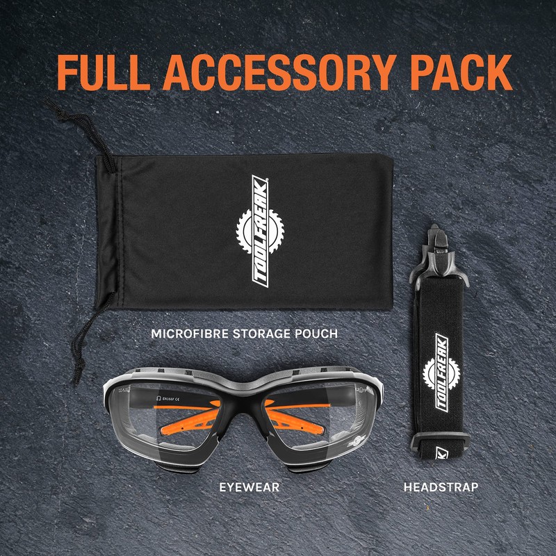 ToolFreak Spoggles Safety Glasses, EN166F Rated, Foam Padded, Clear Distortion