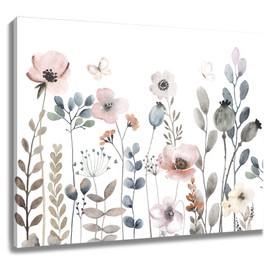 HVEST Watercolor Pink Floral Canvas Wall Art Rustic Flower Plant Botanical and Butterfly Wall Art for Living Room,Colorful Wildflower Framed Wall Art Bedroom Bathroom Wall Decor,12L x 16W inches