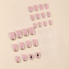 24Pcs Christmas Press on Nails Short Fake Nails Gold Glitter French Tips Full Cover Winter Acrylic Nails with Star Christmas Tree Charms Designs Artificial Nails Glue on Nails Stick on Nails for Women