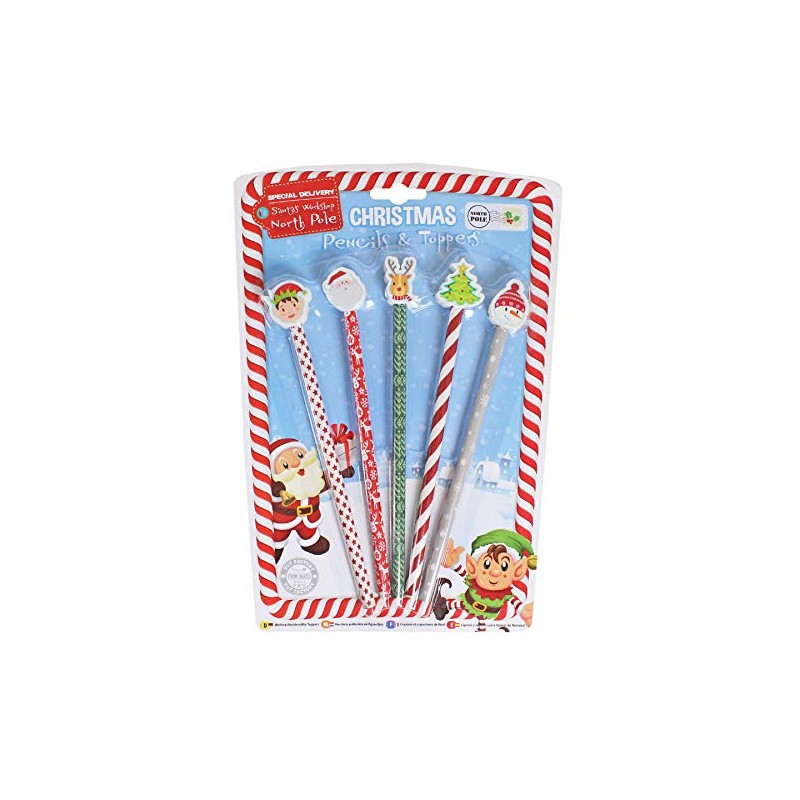 5 Pack Christmas Pencils with Novelty Character Eraser Tops