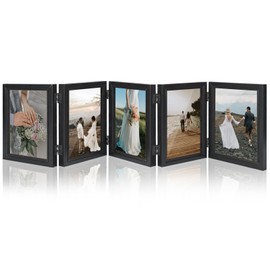 5 Hinged Picture Frame, 5" x 7" Folding Photo Frame with High Definition Acrylic, Wood Made Family Picture Collage Desk Decor, Foldable Vertical Picture Frame, black