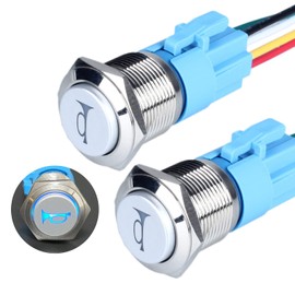 DMWD 2pcs 19mm Raised Speaker Horn Momentary Push Button Switch 3/4" Mounting Hole 12V-24V LED Lighted Silver Case 1NO 1NC SPDT with Pre-Wired Socket for Car Truck Boat Marine (Blue)