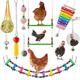 EBaokuup 10PCS Chicken Toys for Hens, Chicken Xylophone Toy, Chicken Bridge Swing Toys, Chicken Pecking Toys, Chicken Mirror Toys and Vegetable Hanging Feeder for Chicken Hens