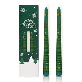 2 Pack Christmas Taper Candles, 10 Inch Unscented Green Candlesticks with Christmas Tree Print Design for Holiday Table Decor, Fireplace Mantel, Advent Wreaths, Winter Weddings, Seasonal Display