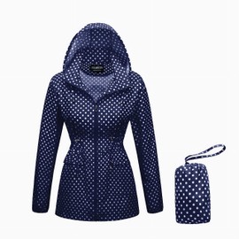 YEABEDA Women-Rain Jacket-Hood Waterproof-Lightweight Windbreak-Packable — Cute RainCoats Travel Polka Dot Ladies With Pouch (Large, Navy)