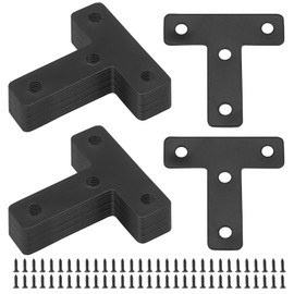 Zorfeter 20 Pcs Black T-Shape Corner Brackets, 50x50 mm/ 2"x2" T Flat Corner Brace Fixing Repair Plates for Shelves & Furniture, with Screws