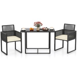 DORTALA Rattan Patio Furniture Set, 3-Piece Dining Set with Cushions, Tempered Glass Tabletop, Outdoor Wicker Small Chairs & Table Set for Backyard, Balcony, Poolside, Black+White