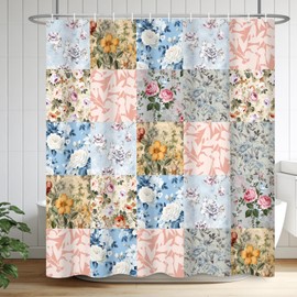 Renaiss 72x72 Inches Plaid Floral Shower Curtain Vintage Boho Patchwork Flower Fabric Shower Curtains for Bathroom Decor Farmhouse Mid Century Bath Curtain Waterproof Polyester with Hooks