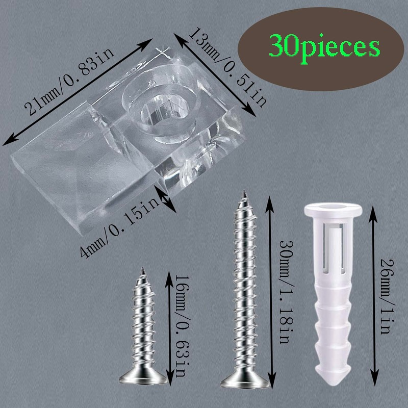 Crystal Clear Plastic Mirror Holder Kit - 30pcs with Screws