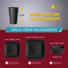 Teivio 40-piece Plastic Wheat Straw Square Dinnerware Set,Service for10, Unbreakable Dinner Plates, Salad Plates, Snack Bowls, Tumblers 13.5 oz, Dishwasher Safe, Kitchen Outdoor Camping Dish, Black