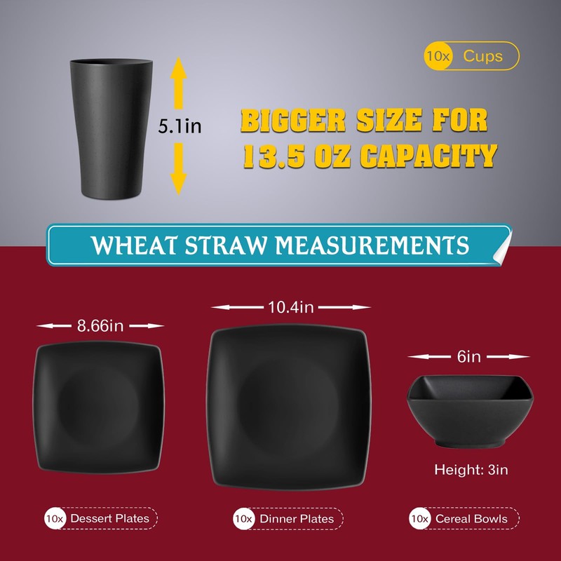 Teivio 40-piece Plastic Wheat Straw Square Dinnerware Set,Service for10, Unbreakable