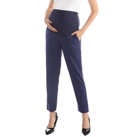 Alina Mae Maternity Pants Work Over The Belly with Pockets, Womens Pregnancy Dress Pants Office Clothes Trousers Stretch Summer (Navy, XS (Size 0-2))