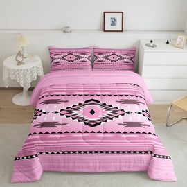 Feelyou Pink Boho Western Bedding Set Full Size Kids Southwest Native Tribal Comforter for Boys Girls Teens Geometric Comforter Set Soft Microfiber West Room Decor