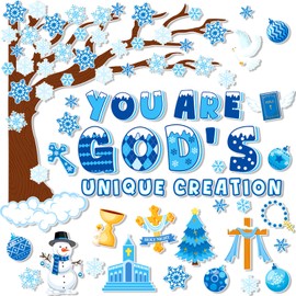 HOWAF 101 Pcs Winter Bulletin Board Decoration, Christian Winter Christmas Tree Paper Cutouts Bulletin Board Stickers Snowflake Snowman Cutouts with Glue for Christmas Winter Classroom Party