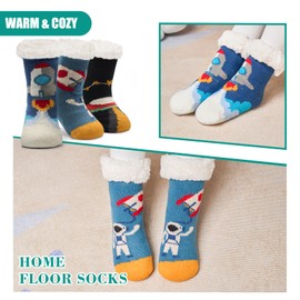 Big Boys Winter Fuzzy Socks for Kids Warm Fluffy Socks Thick Thermal Floor Socks with Grips for Home 3 Pack Cute Spacecrafts 8-10 Years