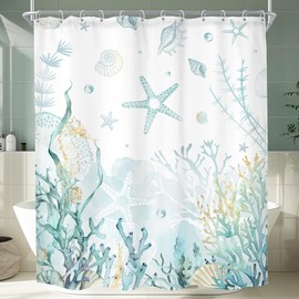 KOMLLEX Teal Gold Beach Ocean Coastal Shower Curtain for Bathroom Decor 60Wx72H Inches Nautical Starfish Seashell Tropical Coral Plant Conch Underwater Nature Fabric Waterproof Polyester 12 Pack Hooks