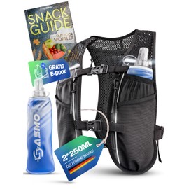 SASMO® Running Vest Women & Men 5L + 2 x 250 Soft Flask Running Vest Ultralight 270 g & Breathable Running Backpack Women & Men 8 Pockets Running Vest Men Hydration Vest Running Hydration Backpack