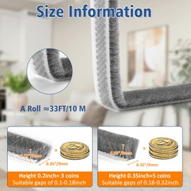 33FT Self Adhesive Brush Door Weather Stripping & Soundproofing Seal – High-Density Gap Blocker for Noise, Drafts & Dust – Easy Install, Durable Door Bottom & Window Insulation Strip（0.35"x 0.35"）