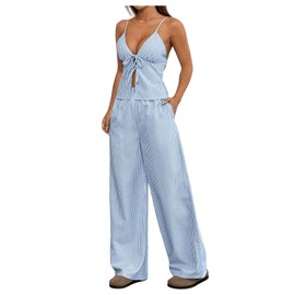 Floerns Women's 2 Piece Outfit Striped Tie Front Camisole Tops and Long Pants Set Blue and White Medium