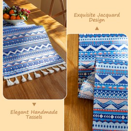 Bigqin Boho Table Runner, 180 x 30 cm Washable Table-Runner Geometry Blue Country Style Table Decoration Table runner with Tassels, Washable Table Decoration for Birthdays & Weddings