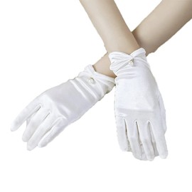 XINCHIA 4pcs Women's Short Satin Gloves Bowknot Pearl Brim Wedding Bridal Bridesmaid Gloves Wrist Length Elegant Communion Gloves Banquet Dress Up Gloves Ladies Opera Fancy Costume Dress Gloves