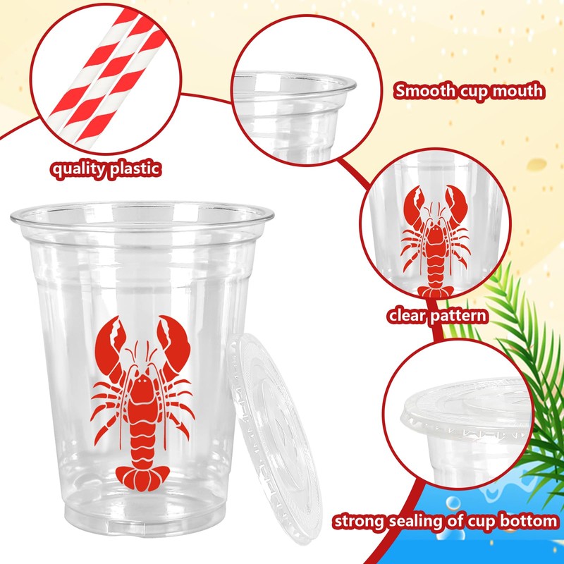50Pcs 12 Oz Crawfish Plastic Cups with Lids & Straws