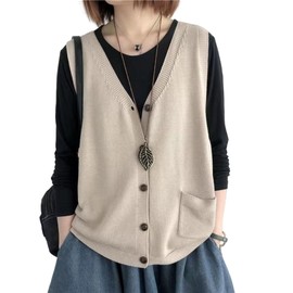 KOEKOI Women's Knit Vest, Spring, Autumn, Summer, Top, Pullover, Summer, Cardingan, Casual, Dressing, Solid, Retro, Knitting, Button Front, Layering Style, Knit Sweater, Body Cover, Sleeveless, V Neck