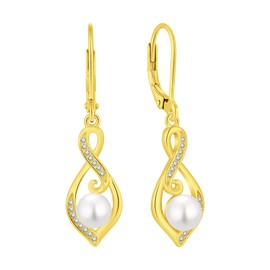 PYNZY Pearl Dangle Drop Earrings for Women, 925 Sterling Silver Infinity Freshwater Cultured Pearls Earring with Leverback Jewelry, Sterling Silver, No Gemstone