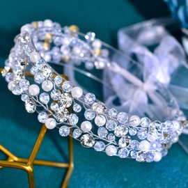 JHOO Bridal Double Row Pearl Headband, Wedding Rhinestone Hairband, Silver Crystal Hair Accessories for Ladies, Brides and Bridesmaids HP833