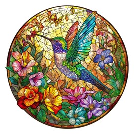 Aeekdook Wooden Puzzle for Adults, Stained Glass Hummingbird Puzzle, Unique Animal Shape Puzzles, Wooden Jigsaw Puzzles for Adults, Thanksgiving for Family Friend (S-8.5 * 8.5in-100psc)