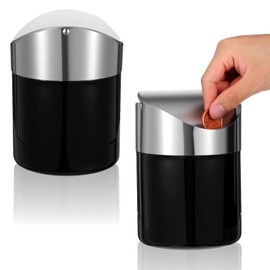 AojSup Set of 2 Small Trash Can with Swing Lid - Black Stainless Steel Mini Garbage Can with Lid, Compact 4.72" x 4.72" x 6.3" Countertop Waste Bin for Office, Bathroom & Kitchen