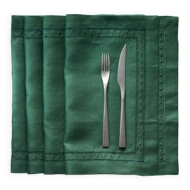 Linen Placemats 14 x 19 inch - 100% Pure Linen Forest Green Placemats with Embroidered Dot Set of 4 - Hemstitch Placemat Washable for Spring and Easter Day