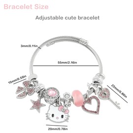 7-Almond Cute Pink Bangle Bracelet with Heart, Butterfly and Star Charm, Adjustable Stainless Steel Bracelet, Cartoon Bangle Bracelet for Gifts for Women,Kawaii Charm Bracelet