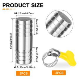 Stainless Steel Hose Barb, Pack of 3 26 mm Straight Hose Connector Adapter, 2-Way Nozzle Connector, Hose Connection with Hose Clamps for Fuel, Air, Water Pipe