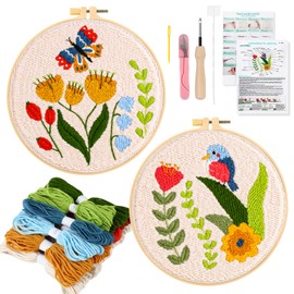 JSRQT 2 Sets Punch Needle Embroidery Starter Kit, Butterfly Bird Handcraft Needlepoint Embroidery Kit for Beginner Adult Kids, Punch Needle Rug Hooking Kit with Instruction, 2 Embroidery Hoop, Threads