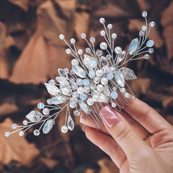 Unicra Bride Wedding Hair Comb Opal Crystal Headpiece Silver Leaf Bridal Hair Accessories for Women and Girls