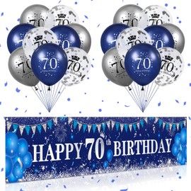 Blue 70th Birthday Decorations for Men Navy Blue Silver Happy 70th Birthday Yard Banner and Blue 70th Birthday Balloons for Indoor Outdoor Men Women 70th Birthday Party Supplies
