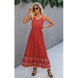 Angashion Women's Dresses Floral Adjustable Spaghetti Strap V Neck Boho Long Maxi Dress Summer Beach Flowy Ethnic Sundress 2155 Red Large