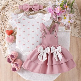 FOCUTEBB 12 Months Baby Girl Clothes Baby Girl Summer Outfits Love Heart Print Short Sleeved Ruffled Cute Romper Dress Suspender Skirt With Bow Headband Infant Outfits Set Pink 12-18 Months