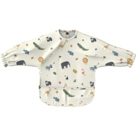 Minifolk Long Sleeved Waterproof Coverall Bib | 6 to 24 Months | Messy Play Bib | Wipeable Washable | UK designed | Toddler Apron | Baby Bib | Weaning Bib | Child Bib (Safari)