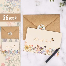 36Pack Floral Thank You Cards with Kraft Envelopes Wildflower Vintage Flowers Greeting Cards with Envelopes Stickers for Holiday Wedding Bridal Baby Shower Birthday Party Supplies,Small Business, 4x6 Inch