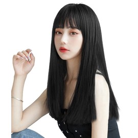 ORSUNCER Wig, Semi-Long, Black, Straight, Black, Medium, Black Hair, Transvestite Wig, Pattsun Bangs, Small Face, Natural, Harajuku Style, Heat Resistant, Women's Full Wig, Fashion