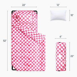 Wake In Cloud - Cot Nap Mat with Pillow and Blanket, for Toddler Kids Boys Girls in Daycare Kindergarten Preschool Pre K with Elastic Corner Straps, Gingham Grid Checkered, Hot Pink White