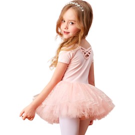 MdnMd Short Sleeve Dance Ballet Tutu Shiny Colorful Skirt Leotard Ballerina Outfit Costume for Girls Kids (Ballet Pink, 6-8 Years)