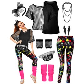 CICOCI 80s 90s Outfit For Women Neno Party Fishnet Top1980s Costume with 80s Accessories Set Retro Party Leg Warmers Headband Black