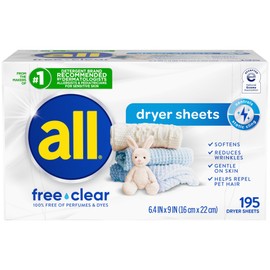 all Fabric Softener Dryer Sheets for Sensitive Skin, Free Clear, 195 Count