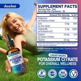 Liquid Potassium Citrate Supplement, Potassium 1000mg Drops for Women & Men, with Zinc Citrate, Vitamin B6, Sodium & Taurine, High Potassium Electrolytes, 2 Fl Oz